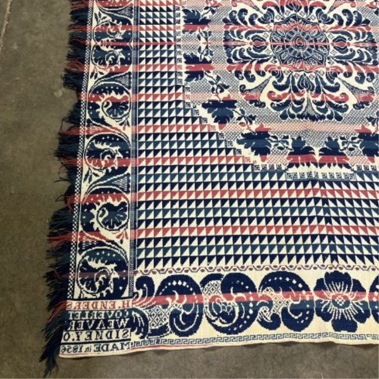 Signed Henry Enders 1856 Jacquard Woven Wool and Cotton Coverlet, Sidney, Ohio