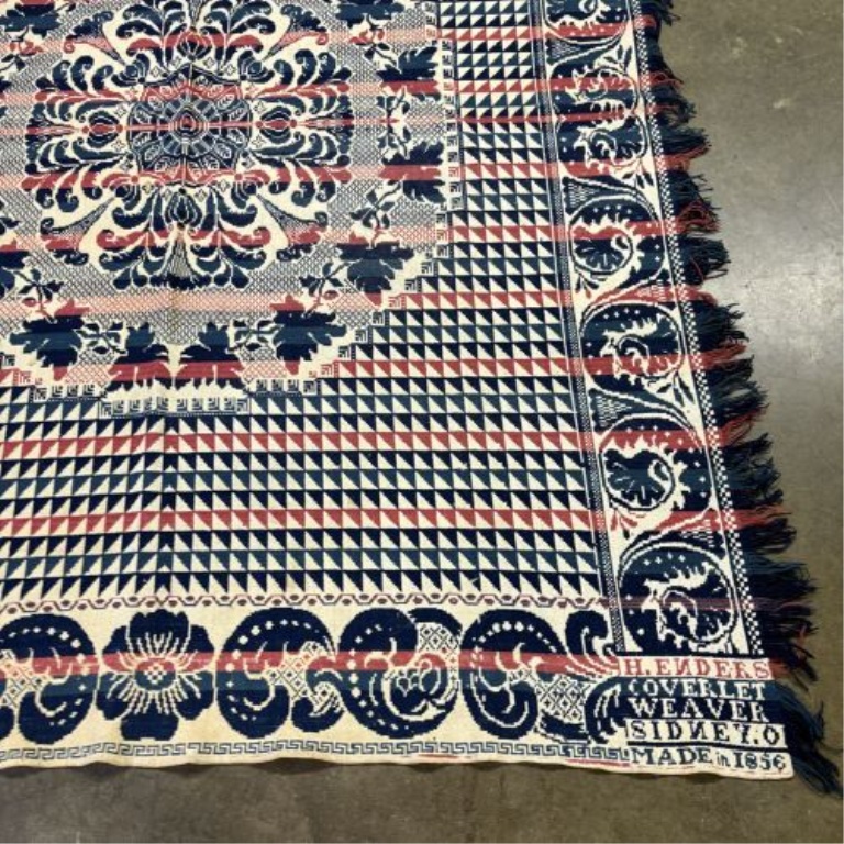 Signed Henry Enders 1856 Jacquard Woven Wool and Cotton Coverlet, Sidney, Ohio