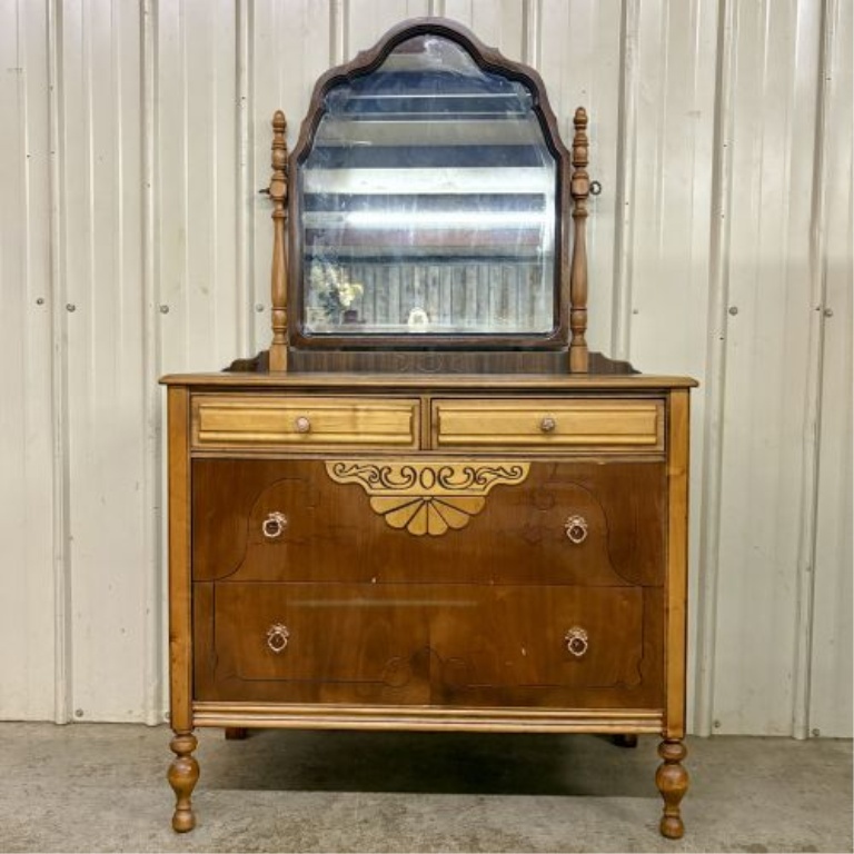 Antique Victorian Style Mixed Wood Veneer Dresser with Integrated Swivel Mirror