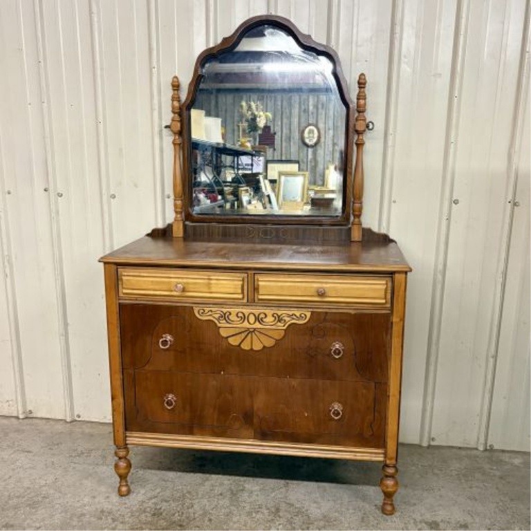 Antique Victorian Style Mixed Wood Veneer Dresser with Integrated Swivel Mirror