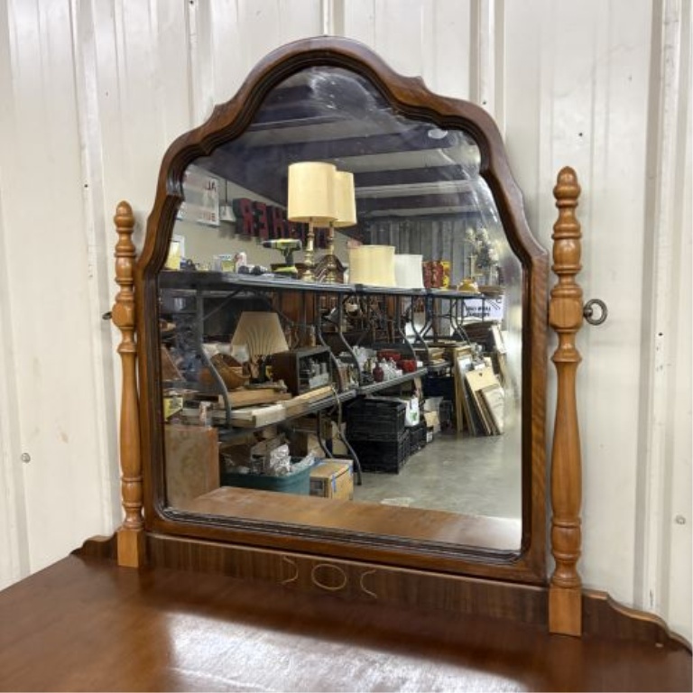 Antique Victorian Style Mixed Wood Veneer Dresser with Integrated Swivel Mirror