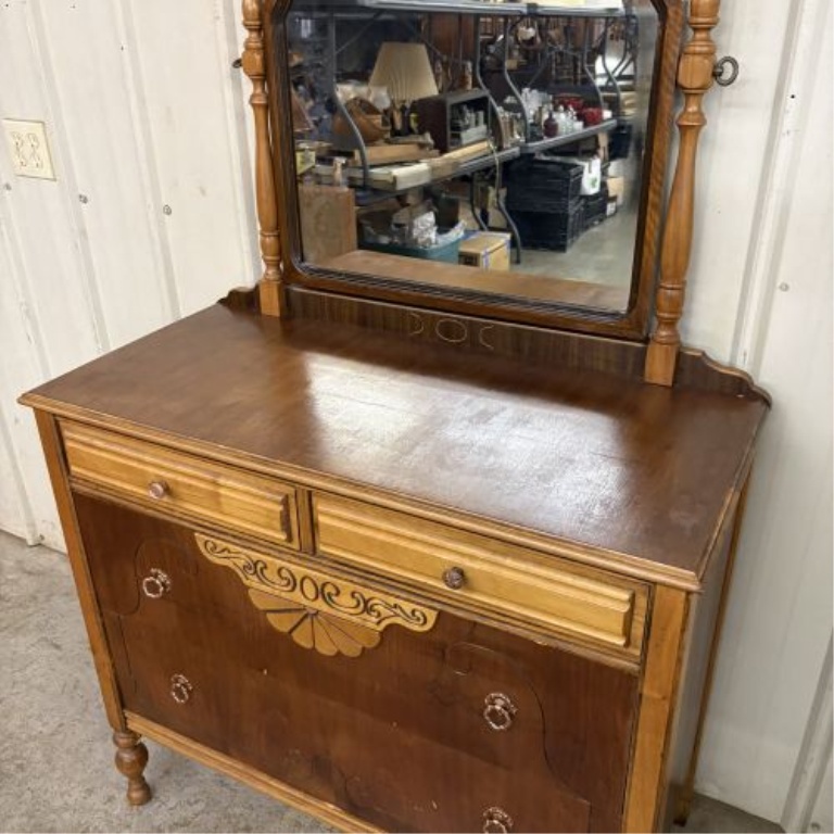 Antique Victorian Style Mixed Wood Veneer Dresser with Integrated Swivel Mirror