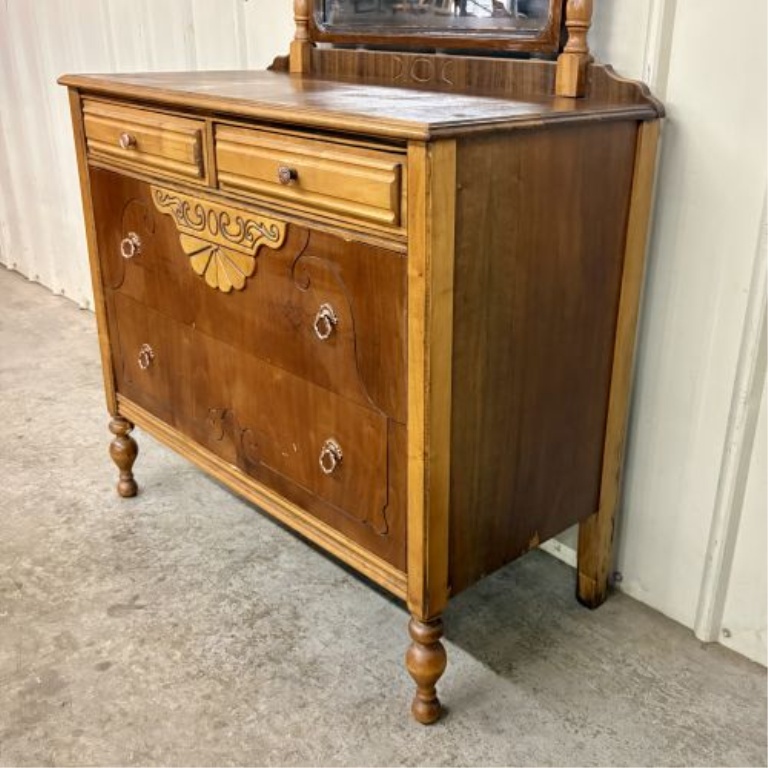 Antique Victorian Style Mixed Wood Veneer Dresser with Integrated Swivel Mirror