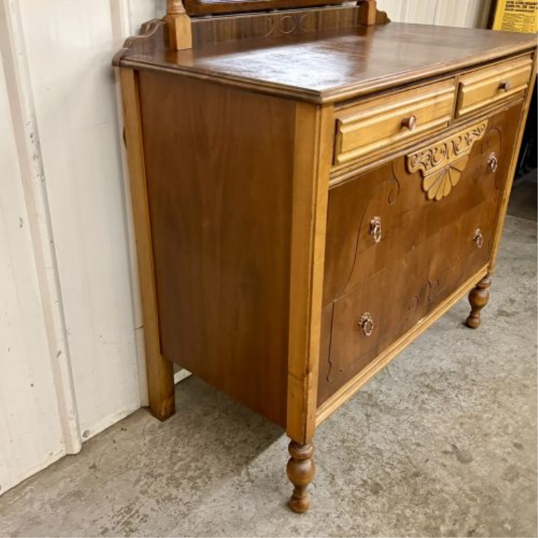 Antique Victorian Style Mixed Wood Veneer Dresser with Integrated Swivel Mirror