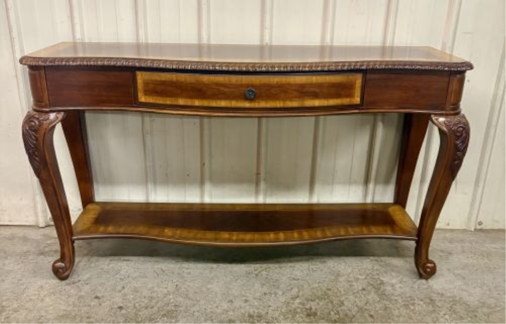 Louis XV Style Mahogany and Veneer Console Table with Carved Cabriole Legs