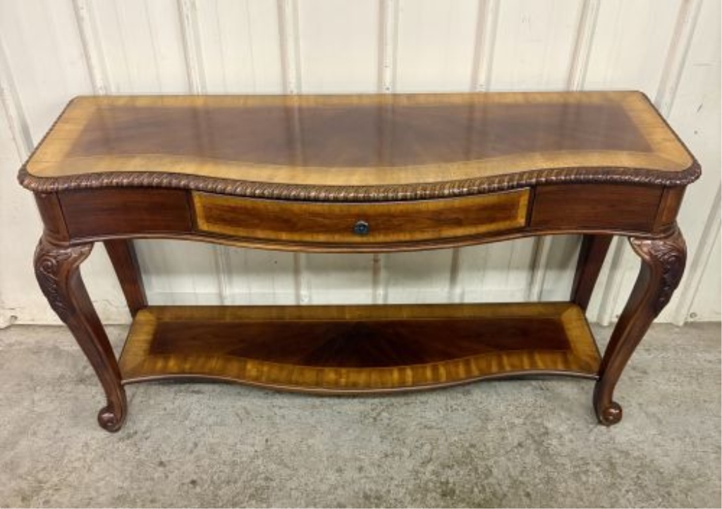 Louis XV Style Mahogany and Veneer Console Table with Carved Cabriole Legs