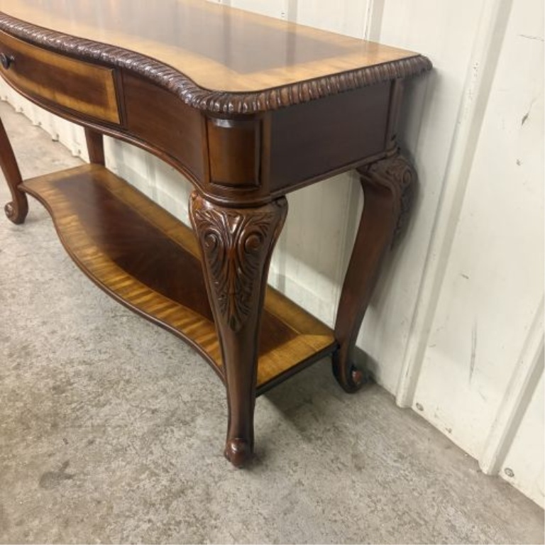 Louis XV Style Mahogany and Veneer Console Table with Carved Cabriole Legs