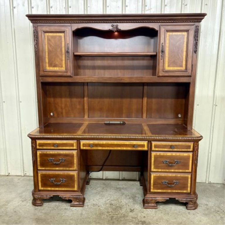 Traditional Classical Revival Mahogany Veneer Executive Pedestal Desk and Hutch