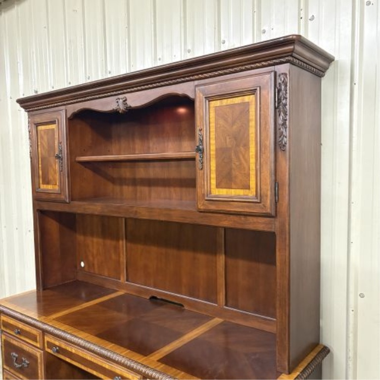 Traditional Classical Revival Mahogany Veneer Executive Pedestal Desk and Hutch