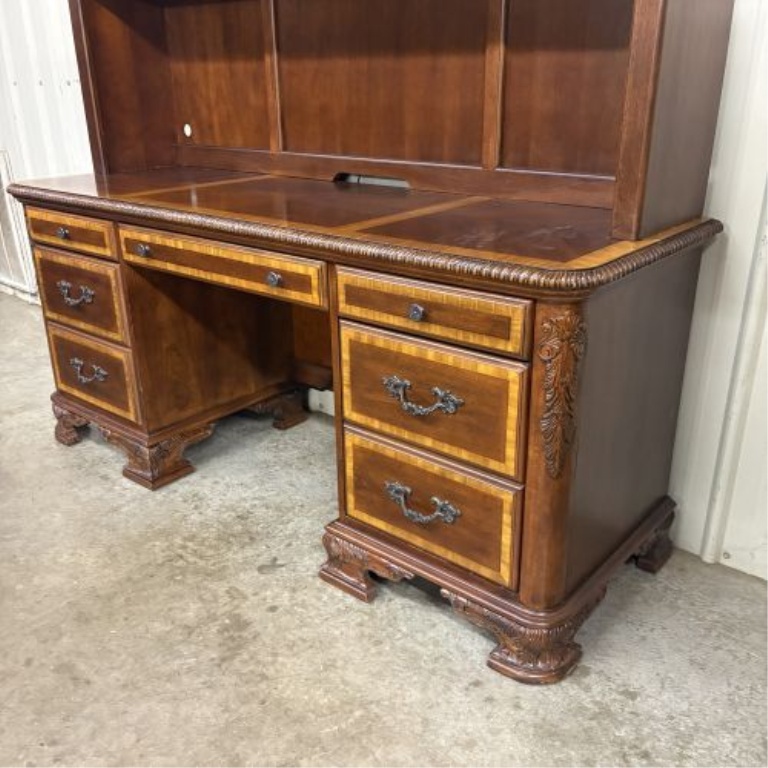 Traditional Classical Revival Mahogany Veneer Executive Pedestal Desk and Hutch