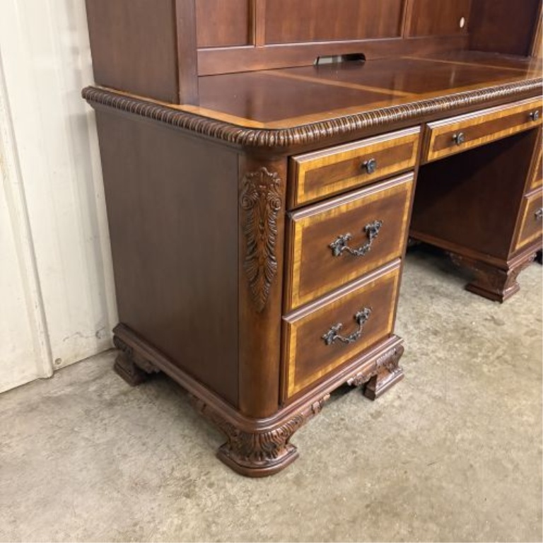 Traditional Classical Revival Mahogany Veneer Executive Pedestal Desk and Hutch