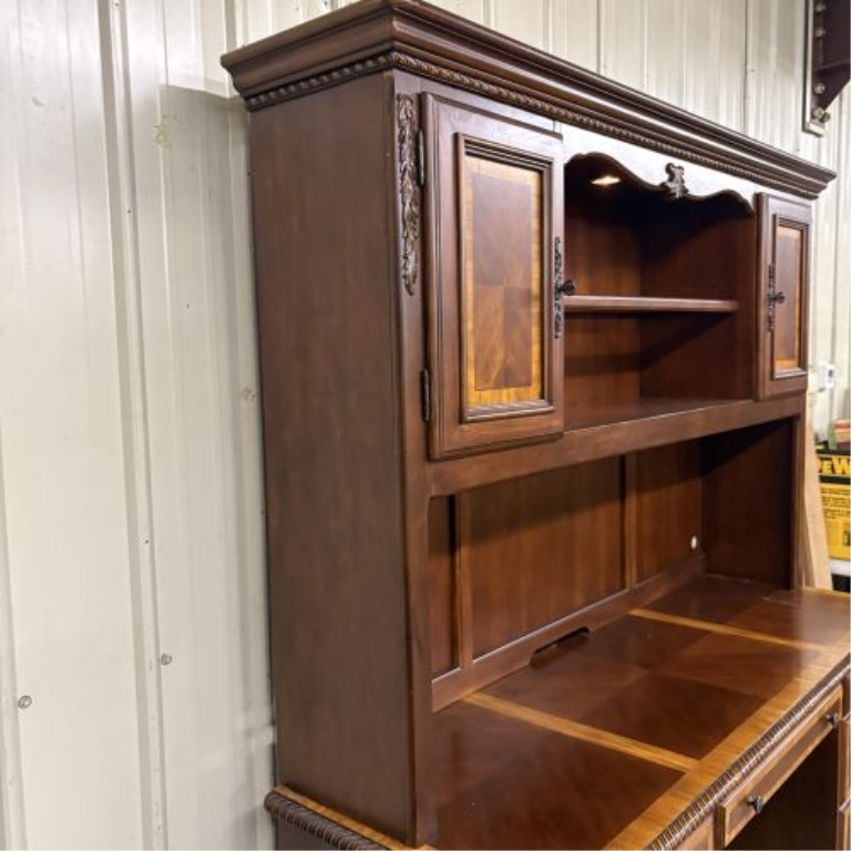 Traditional Classical Revival Mahogany Veneer Executive Pedestal Desk and Hutch