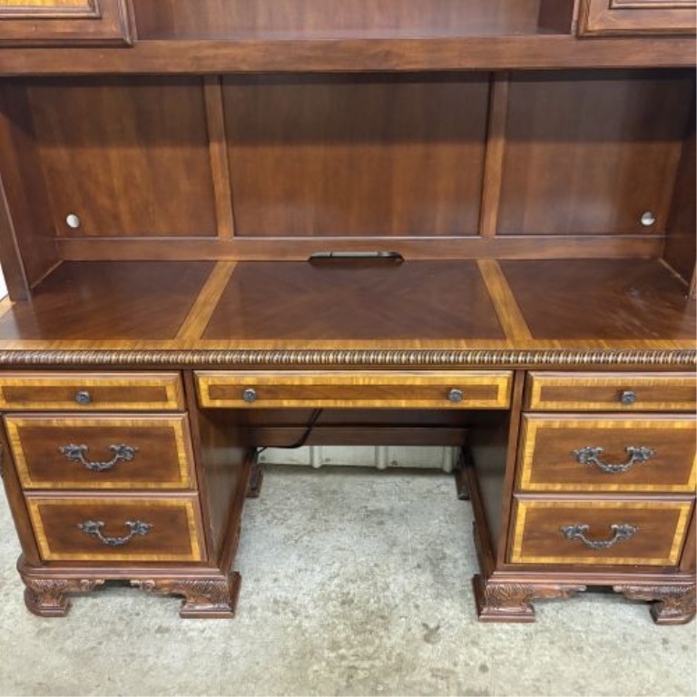 Traditional Classical Revival Mahogany Veneer Executive Pedestal Desk and Hutch