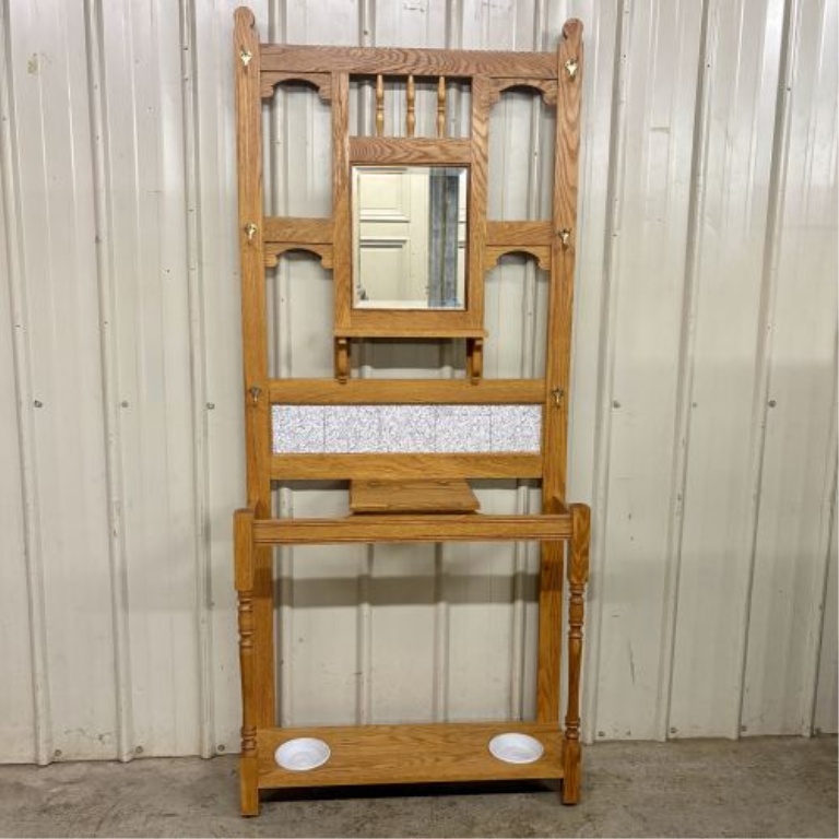 Handcrafted Oak Hall Tree with Beveled Mirror and Ceramic Tiles by Matt B. Jones