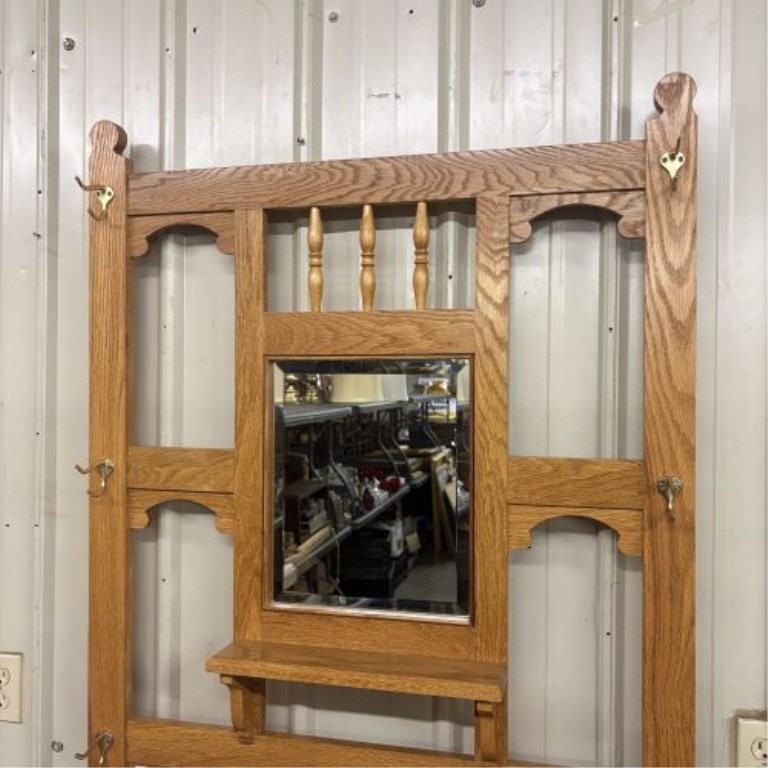 Handcrafted Oak Hall Tree with Beveled Mirror and Ceramic Tiles by Matt B. Jones