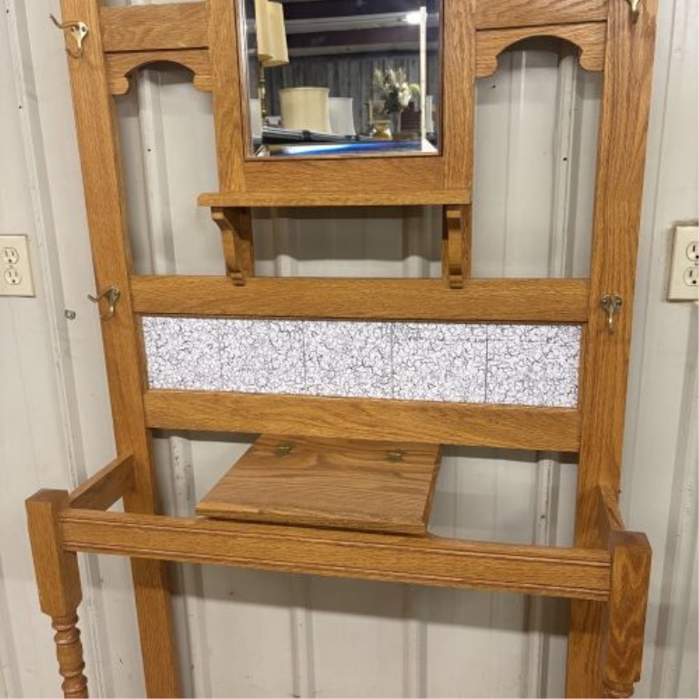 Handcrafted Oak Hall Tree with Beveled Mirror and Ceramic Tiles by Matt B. Jones