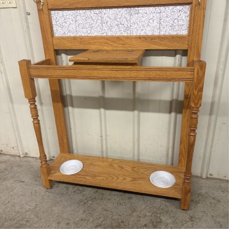 Handcrafted Oak Hall Tree with Beveled Mirror and Ceramic Tiles by Matt B. Jones