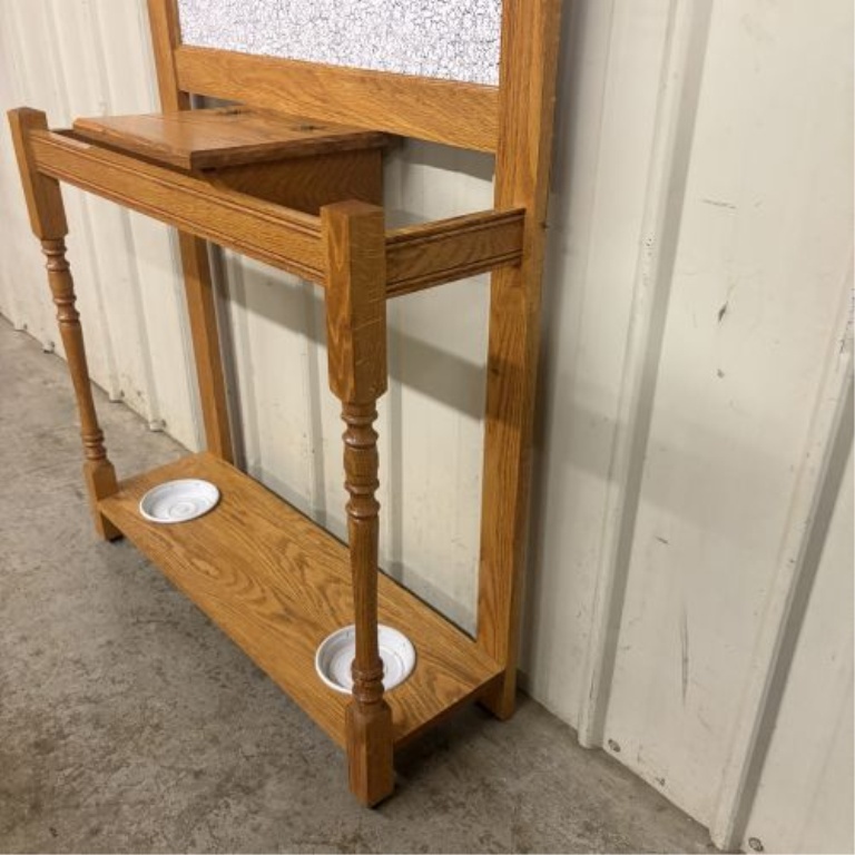 Handcrafted Oak Hall Tree with Beveled Mirror and Ceramic Tiles by Matt B. Jones