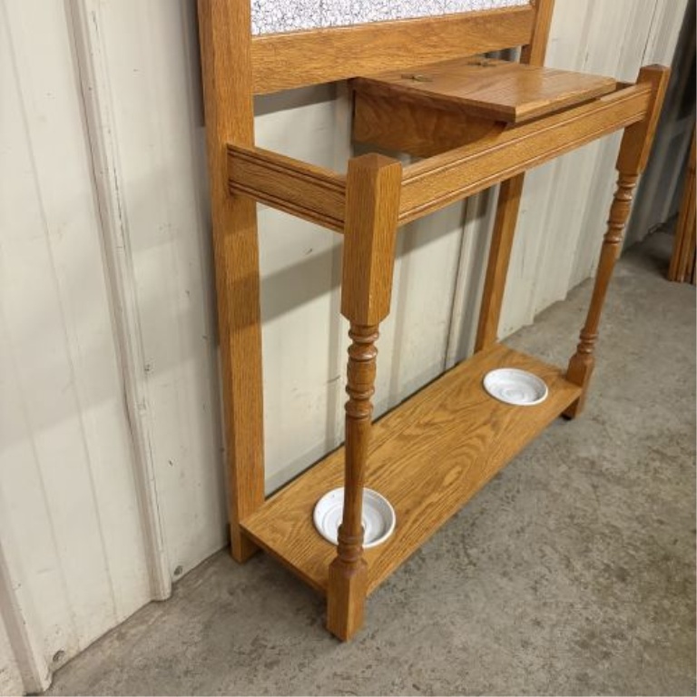 Handcrafted Oak Hall Tree with Beveled Mirror and Ceramic Tiles by Matt B. Jones