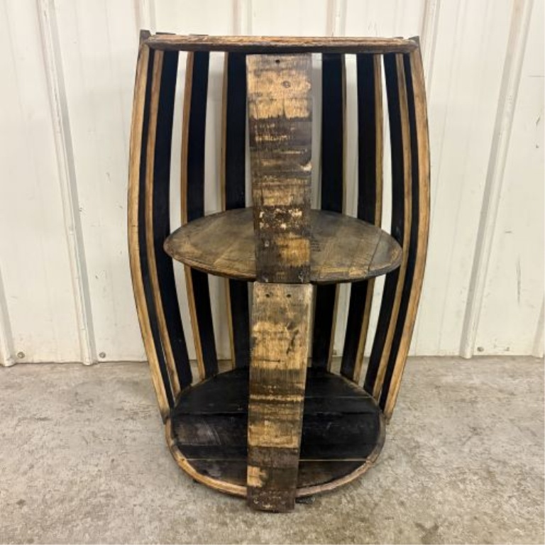 Repurposed Jim Beam Bourbon Barrel Three Tier Shelving Unit