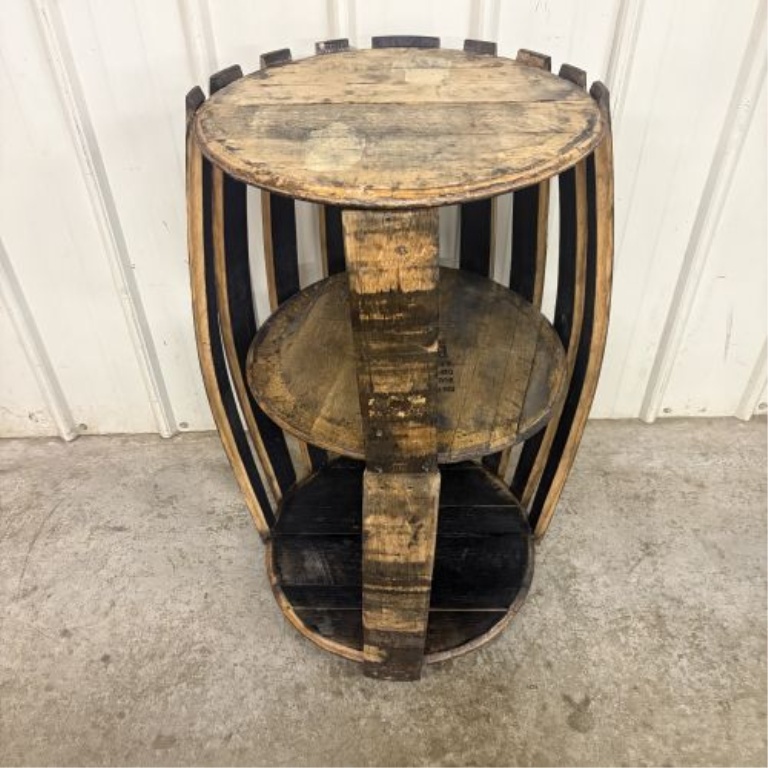 Repurposed Jim Beam Bourbon Barrel Three Tier Shelving Unit