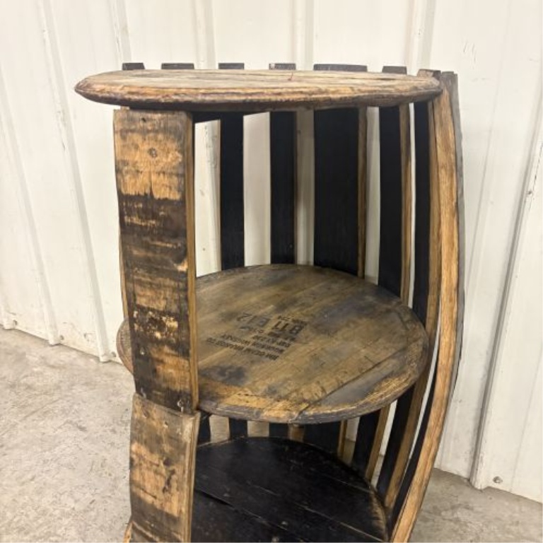 Repurposed Jim Beam Bourbon Barrel Three Tier Shelving Unit