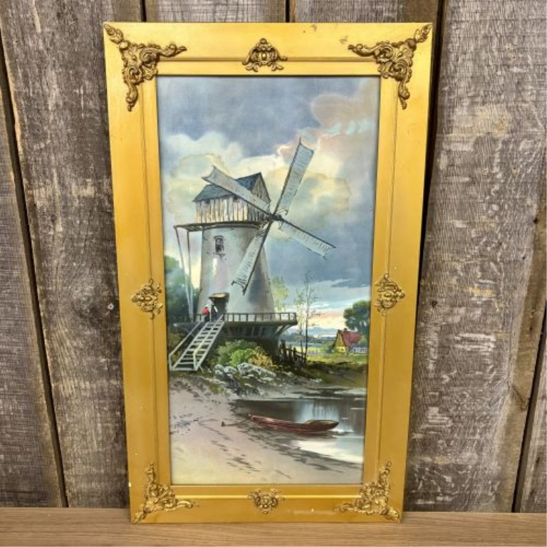 Mid-20th Century Framed Offset Lithograph of a Dutch Windmill Scene