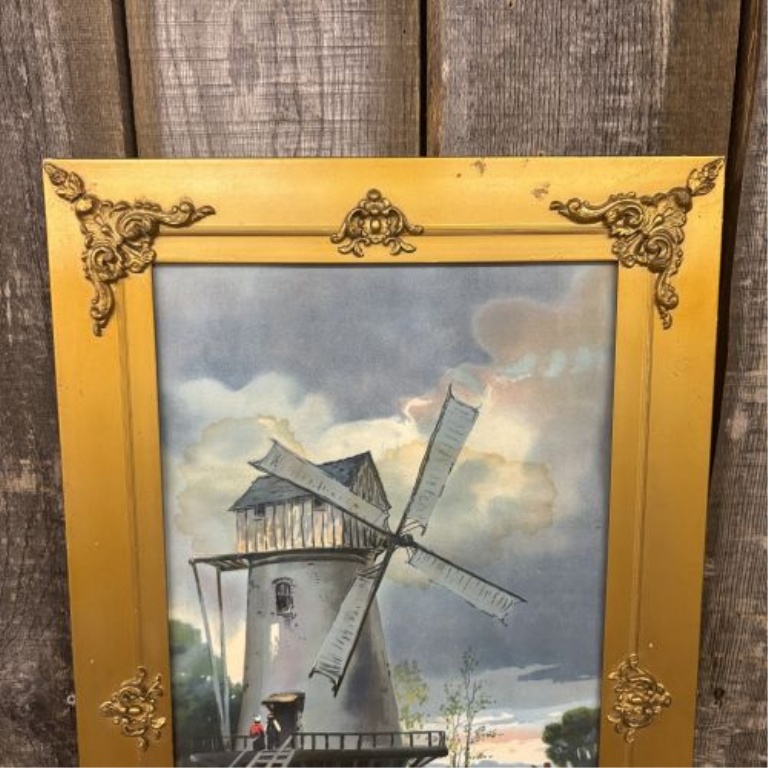 Mid-20th Century Framed Offset Lithograph of a Dutch Windmill Scene