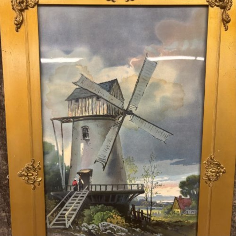 Mid-20th Century Framed Offset Lithograph of a Dutch Windmill Scene