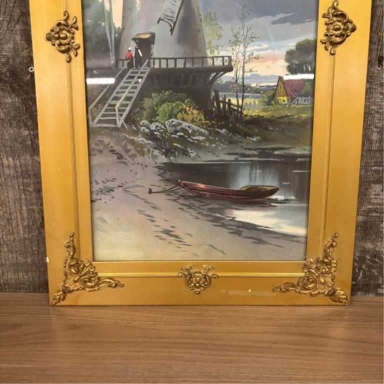 Mid-20th Century Framed Offset Lithograph of a Dutch Windmill Scene