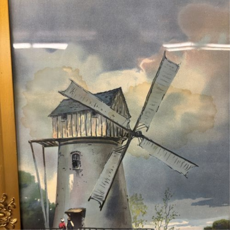 Mid-20th Century Framed Offset Lithograph of a Dutch Windmill Scene