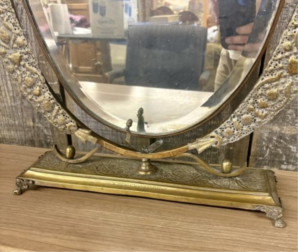 Persian Isfahan Style Pierced Metal Tabletop Swivel Mirror