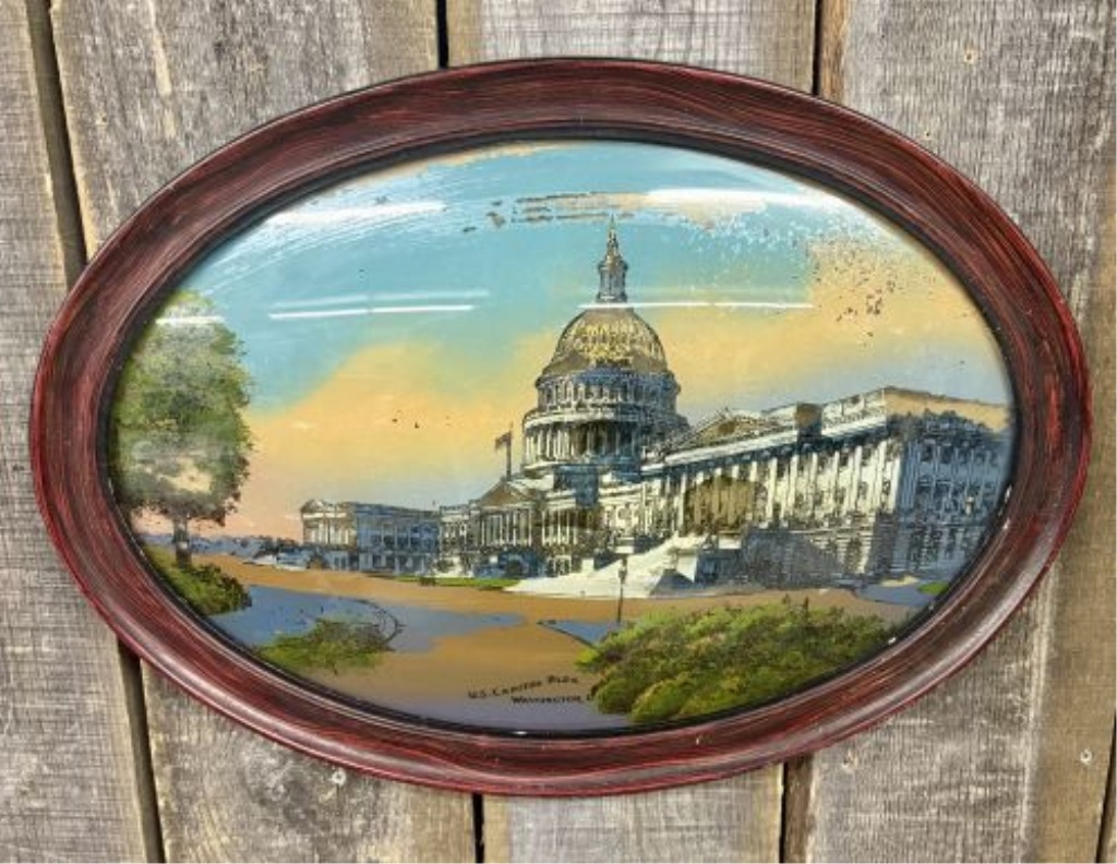 Antique Reverse Painting on Convex Glass of the U.S. Capitol Building in Oval Frame