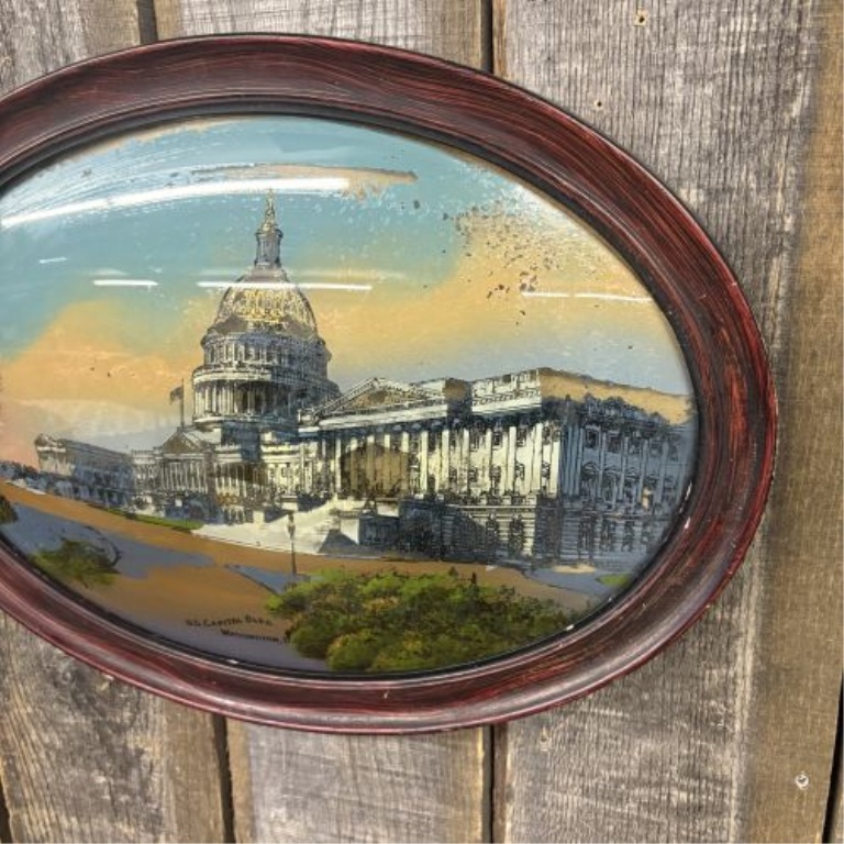 Antique Reverse Painting on Convex Glass of the U.S. Capitol Building in Oval Frame