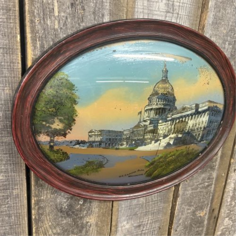 Antique Reverse Painting on Convex Glass of the U.S. Capitol Building in Oval Frame