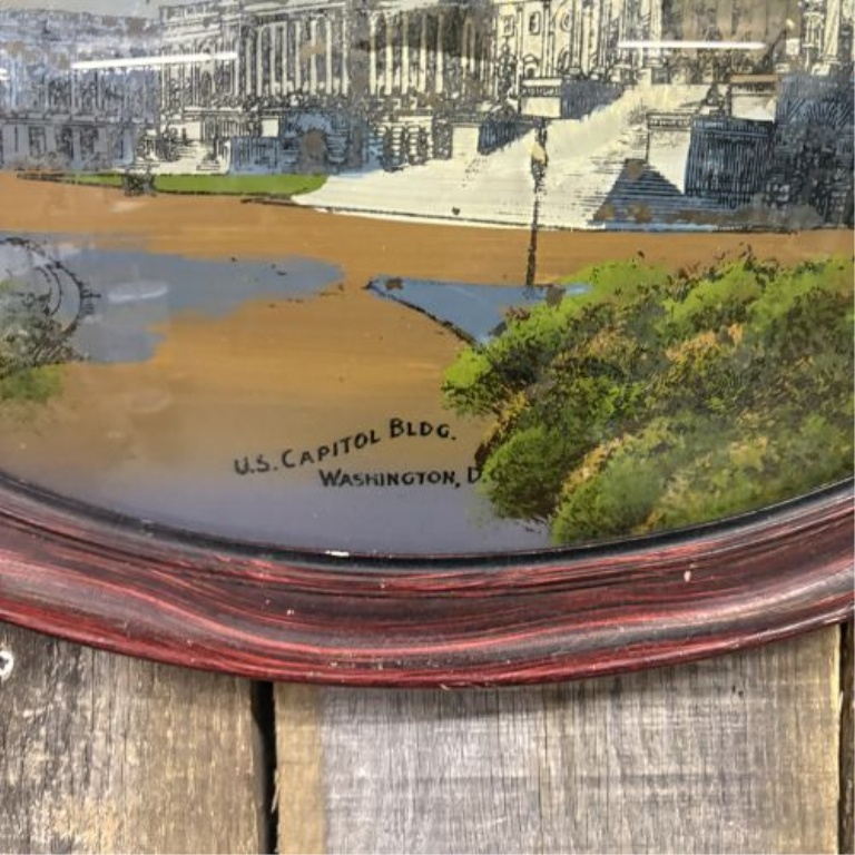 Antique Reverse Painting on Convex Glass of the U.S. Capitol Building in Oval Frame