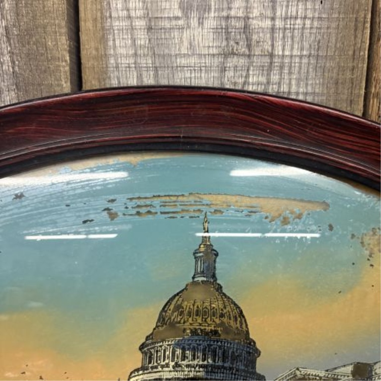 Antique Reverse Painting on Convex Glass of the U.S. Capitol Building in Oval Frame