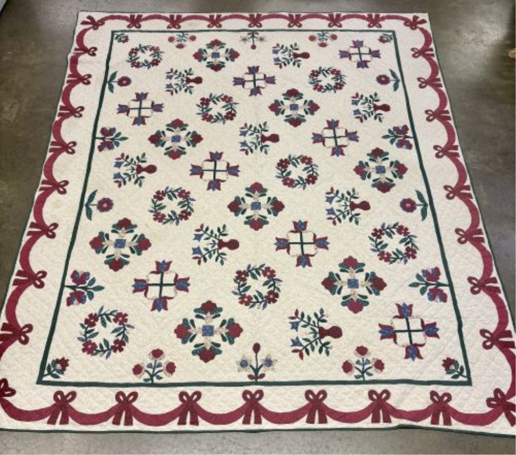 Large Hand-Appliqued and Hand-Quilted Cotton Bed Quilt with Floral and Bow Motifs