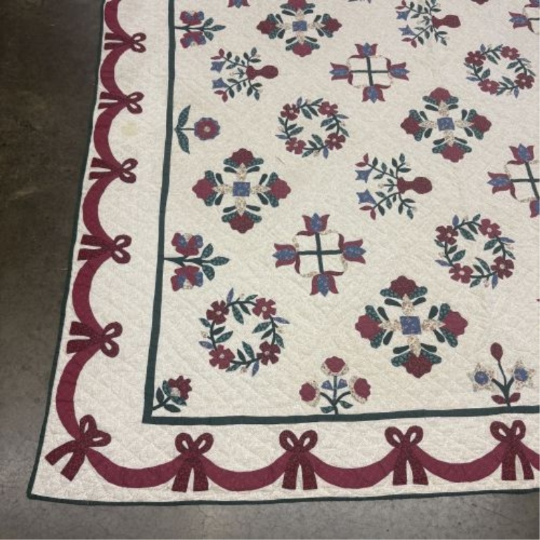 Large Hand-Appliqued and Hand-Quilted Cotton Bed Quilt with Floral and Bow Motifs