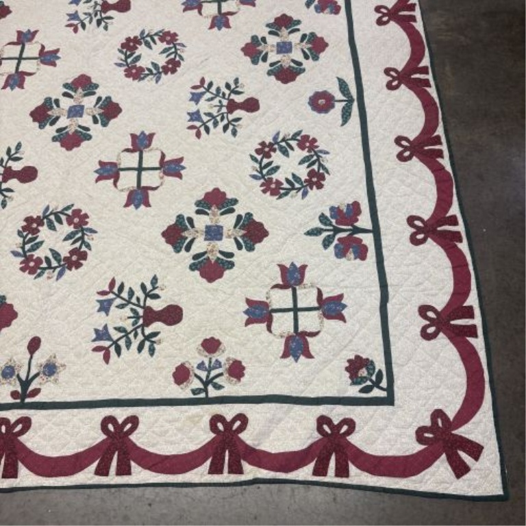 Large Hand-Appliqued and Hand-Quilted Cotton Bed Quilt with Floral and Bow Motifs