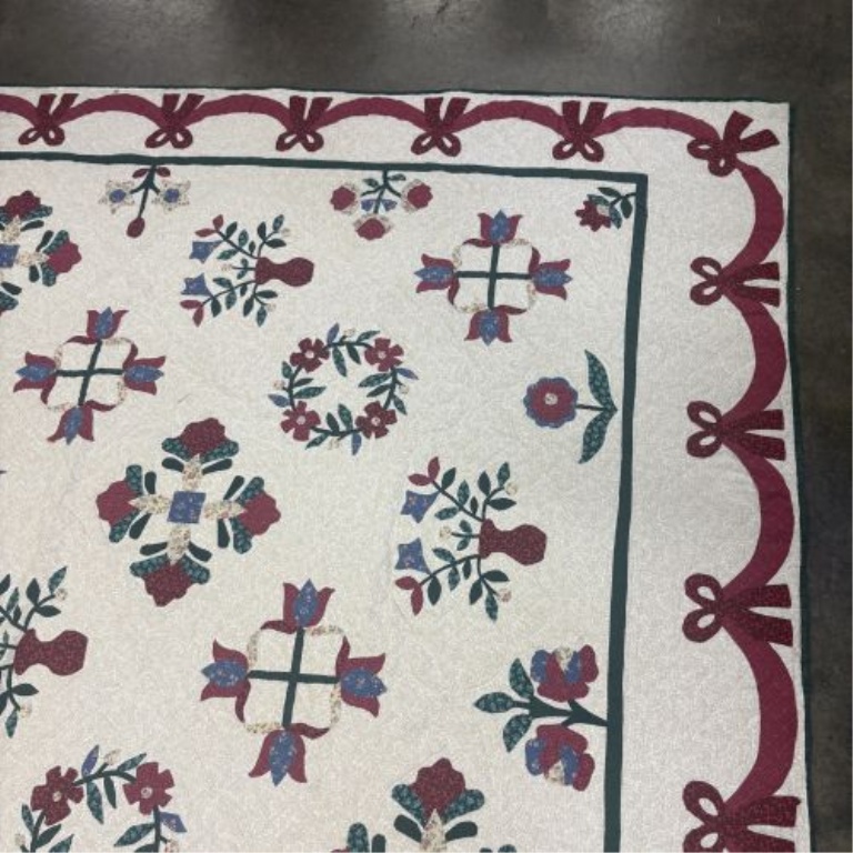 Large Hand-Appliqued and Hand-Quilted Cotton Bed Quilt with Floral and Bow Motifs