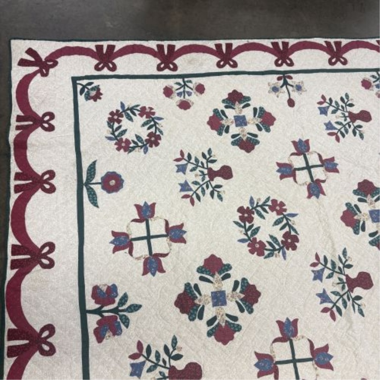 Large Hand-Appliqued and Hand-Quilted Cotton Bed Quilt with Floral and Bow Motifs