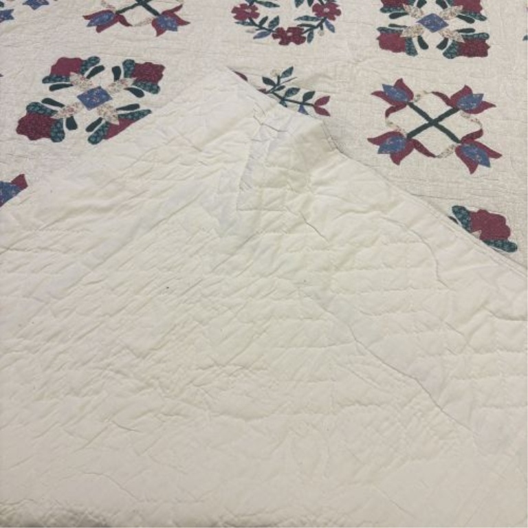 Large Hand-Appliqued and Hand-Quilted Cotton Bed Quilt with Floral and Bow Motifs