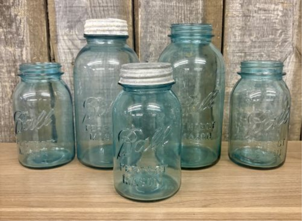 A Collection of Ball Perfect Mason Aqua Blue Glass Jars