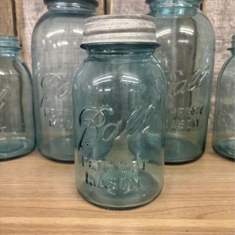 A Collection of Ball Perfect Mason Aqua Blue Glass Jars