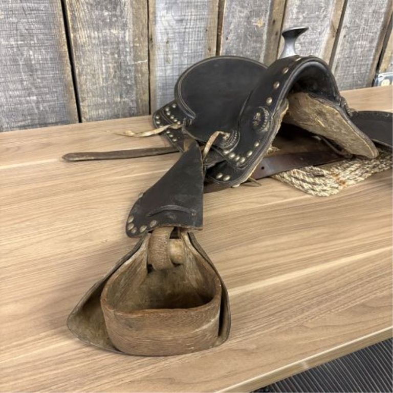 Vintage Studded Leather Western Parade Saddle in the Style of a Grimsley Officer Saddle