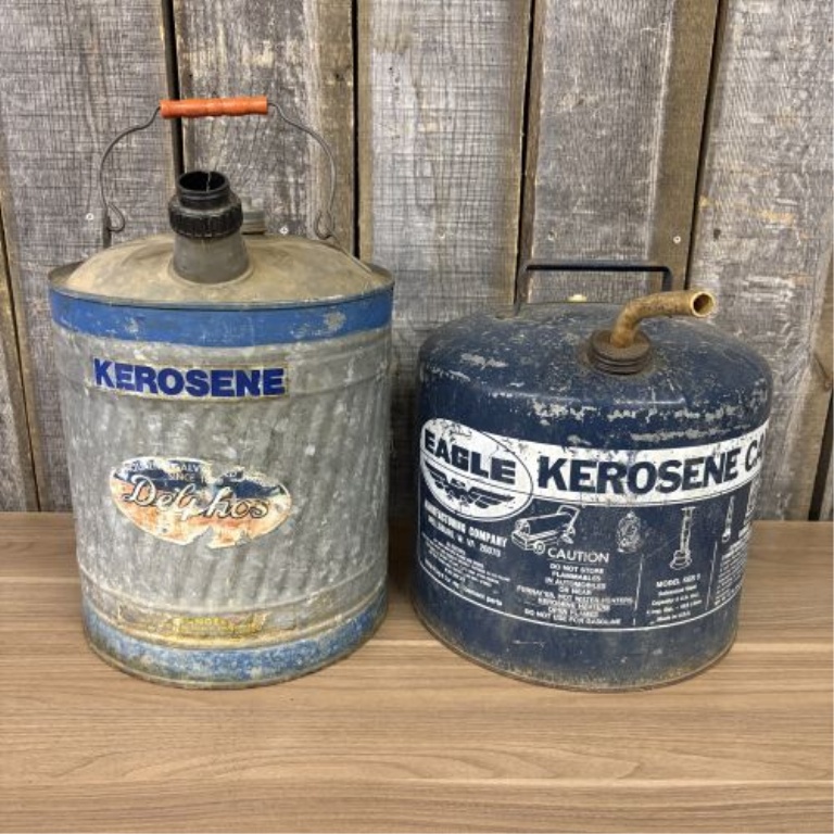 Two Vintage Kerosene Cans, Delphos and Eagle 5 Gallon Models
