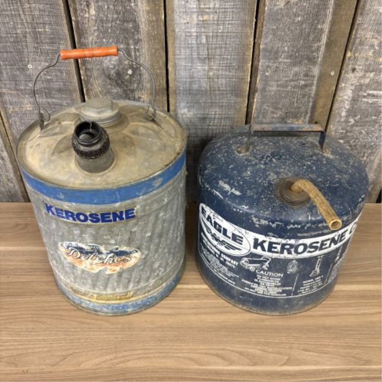 Two Vintage Kerosene Cans, Delphos and Eagle 5 Gallon Models