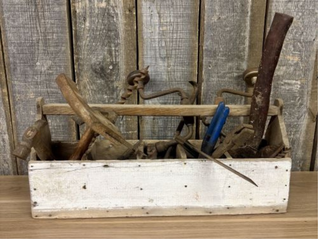 An Assortment of Antique and Vintage Hand Tools in a Primitive Wooden Tool Tote