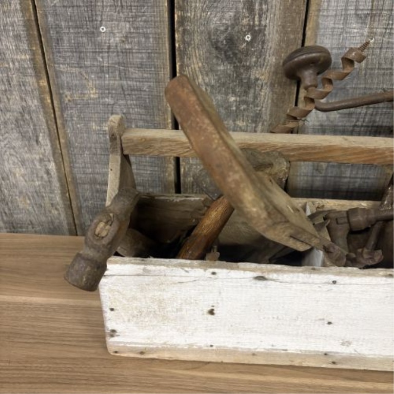 An Assortment of Antique and Vintage Hand Tools in a Primitive Wooden Tool Tote